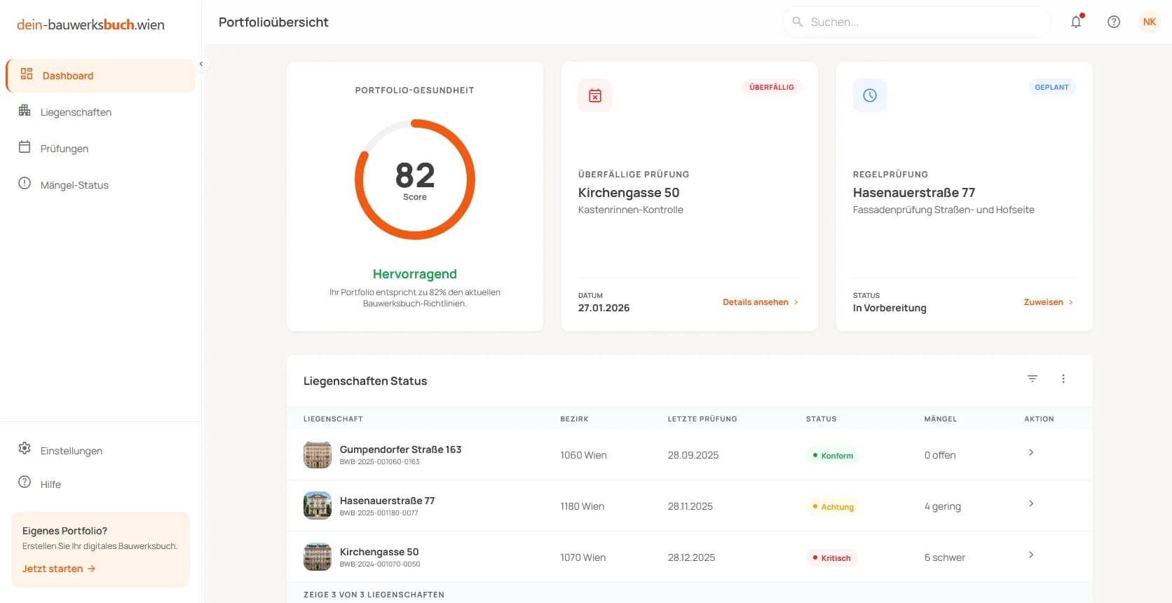 Bauwerksbuch Portal – Dashboard mit Ampelsystem, Mängelverwaltung und Prüfkalender